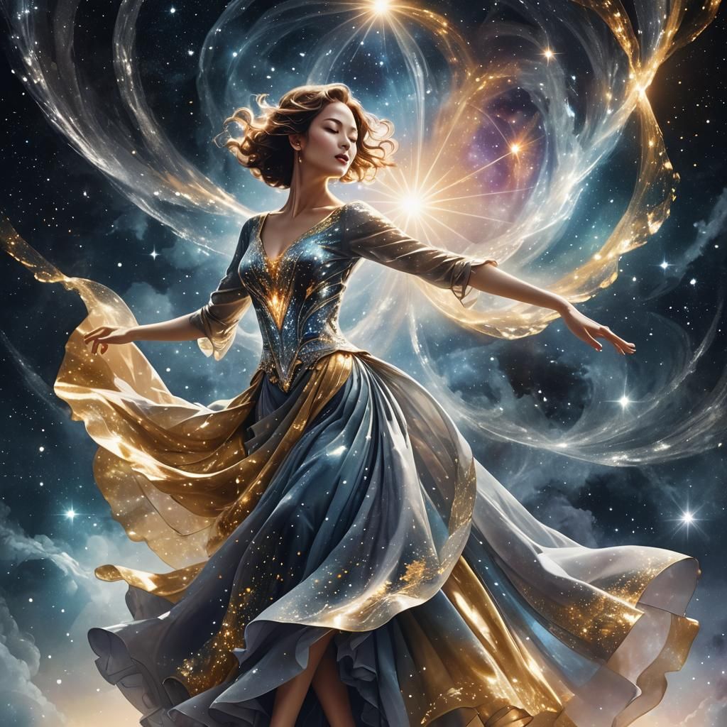 Elegant Woman Dancing During Nebula Night