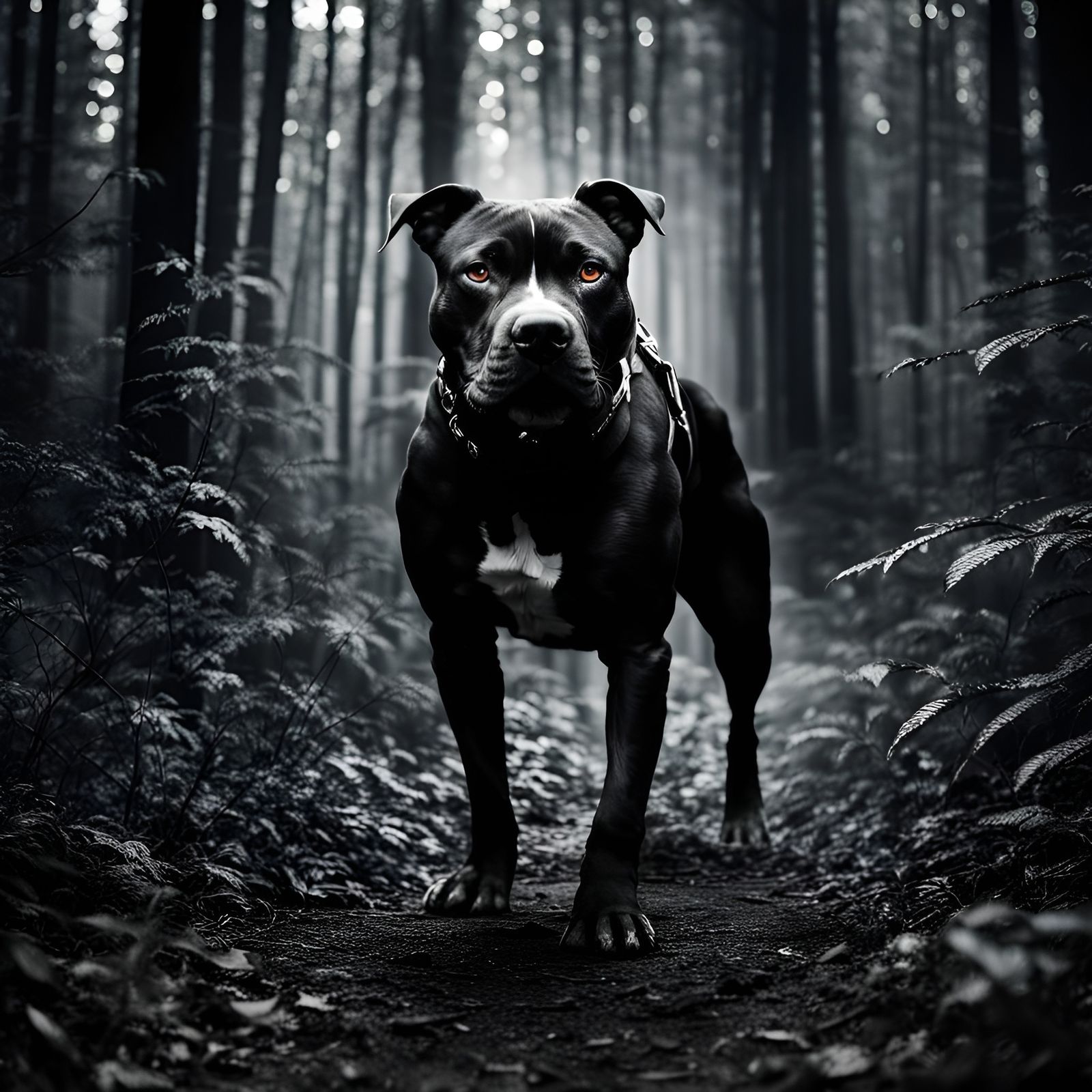 Majestic Pitbull in Dark Forest, DSLR Photo