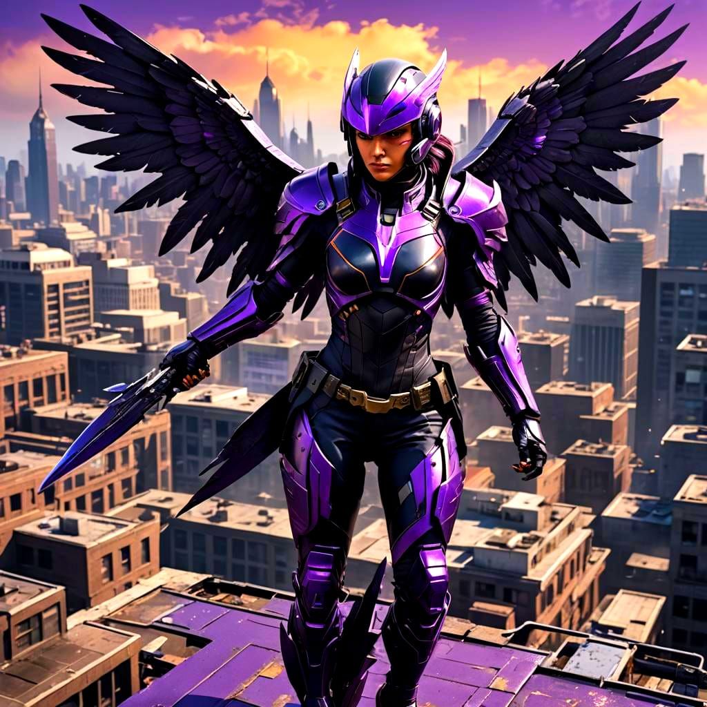 Cybernetic Superheroine Hawk on Rooftop, Detailed Matte Pain...