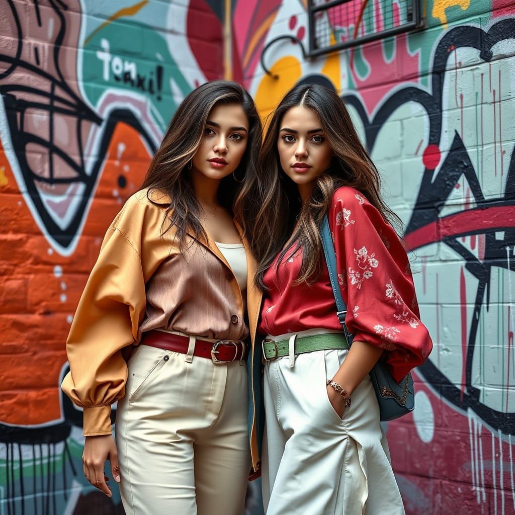 Urban Goddess Twins in Vibrant Street Art Style