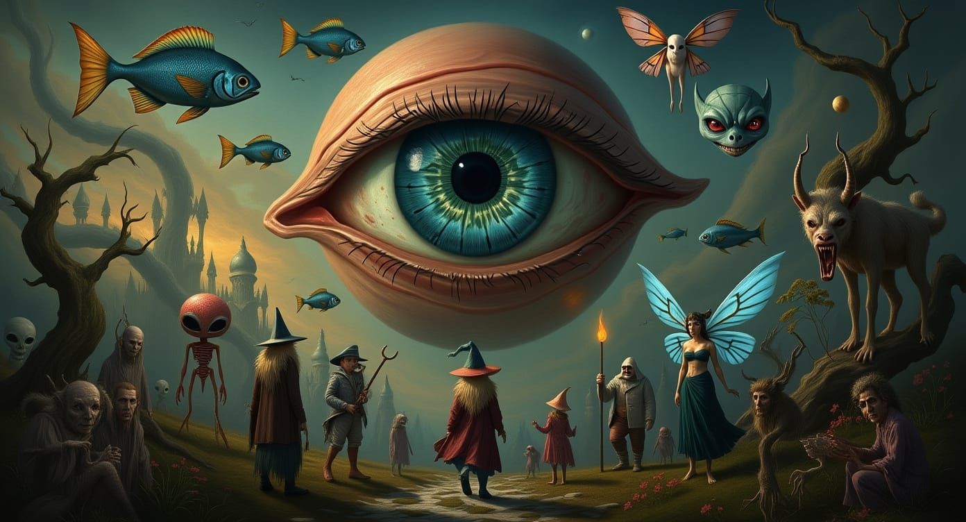 Surreal Dreamscape with Faerie Creatures and Giant Eyeball