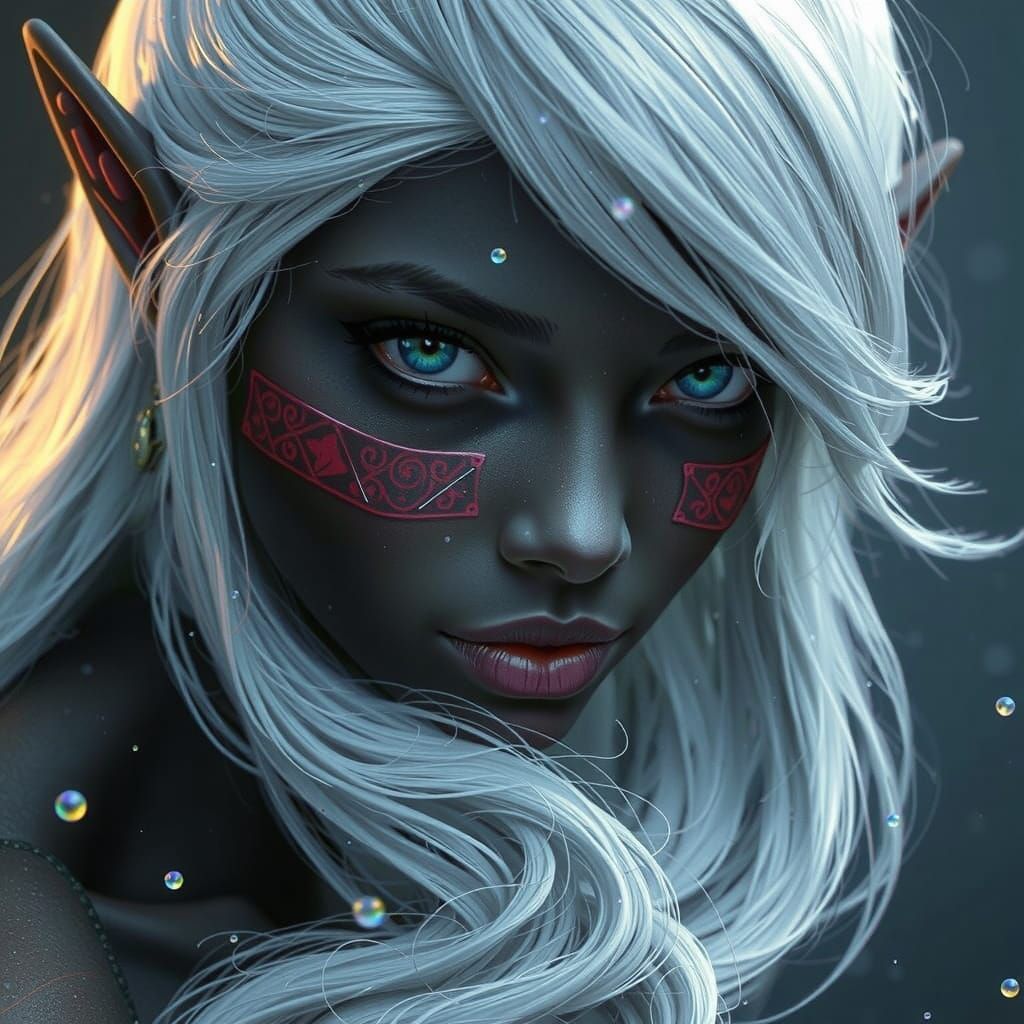 Ethereal Black Elf Maiden with Vibrant Pink Eyes