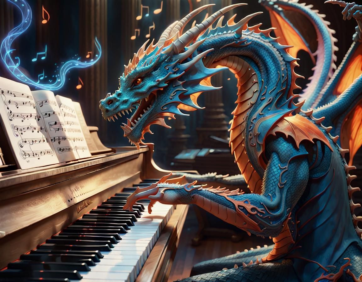 A dragon playing the piano as music notes magically float th...