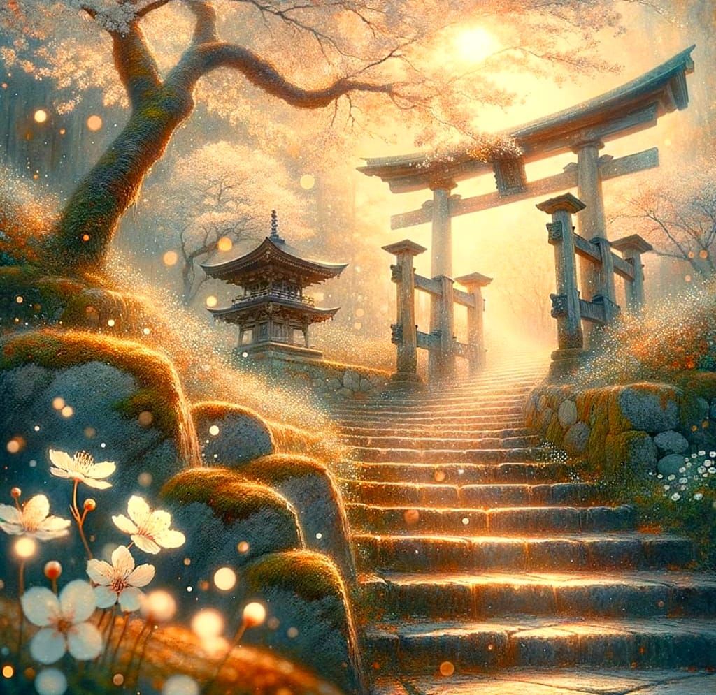 Stone Steps to Torii Gate in Watercolour Oil Painting