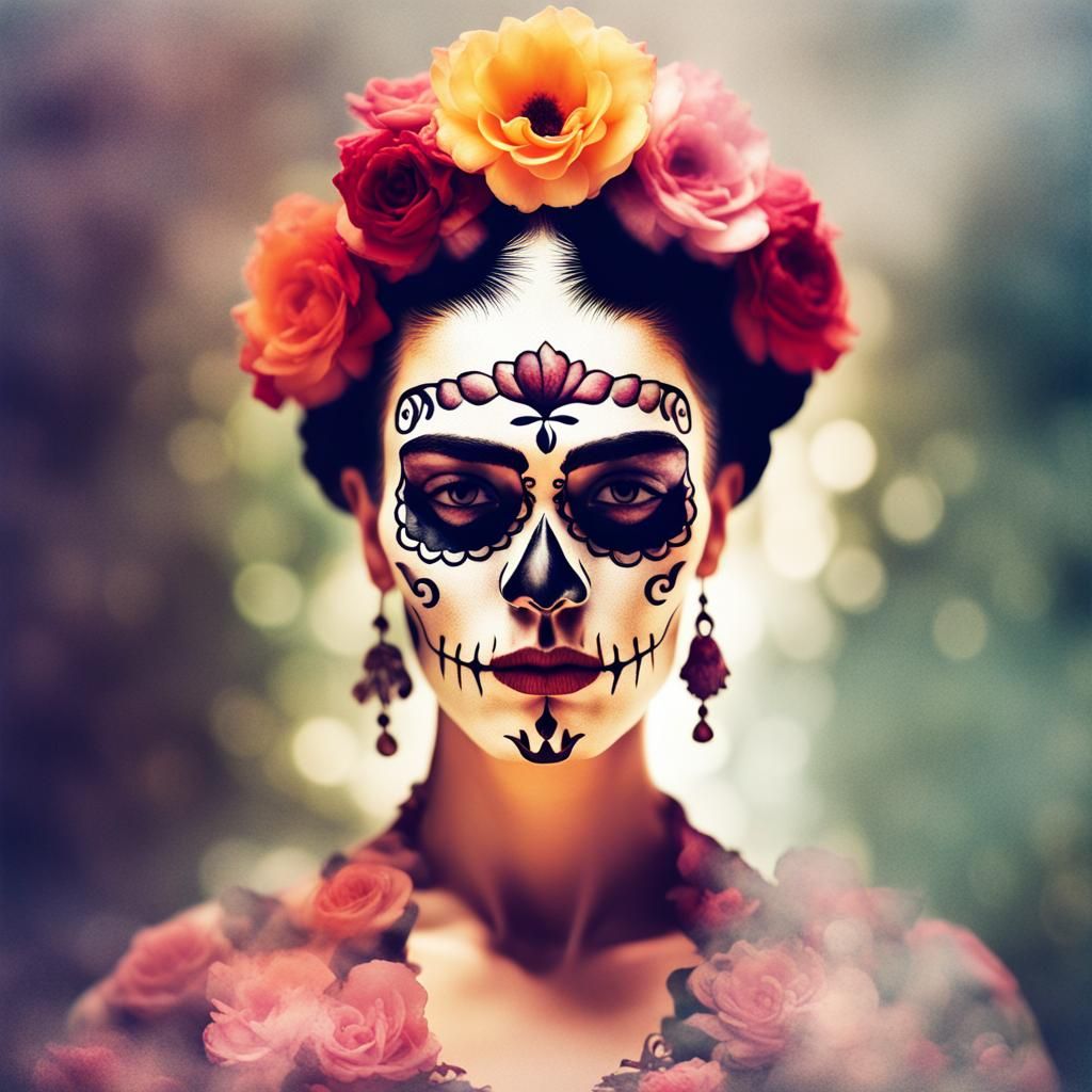 Ethereal Double Exposure: Sugar Skull and Frida Kahlo