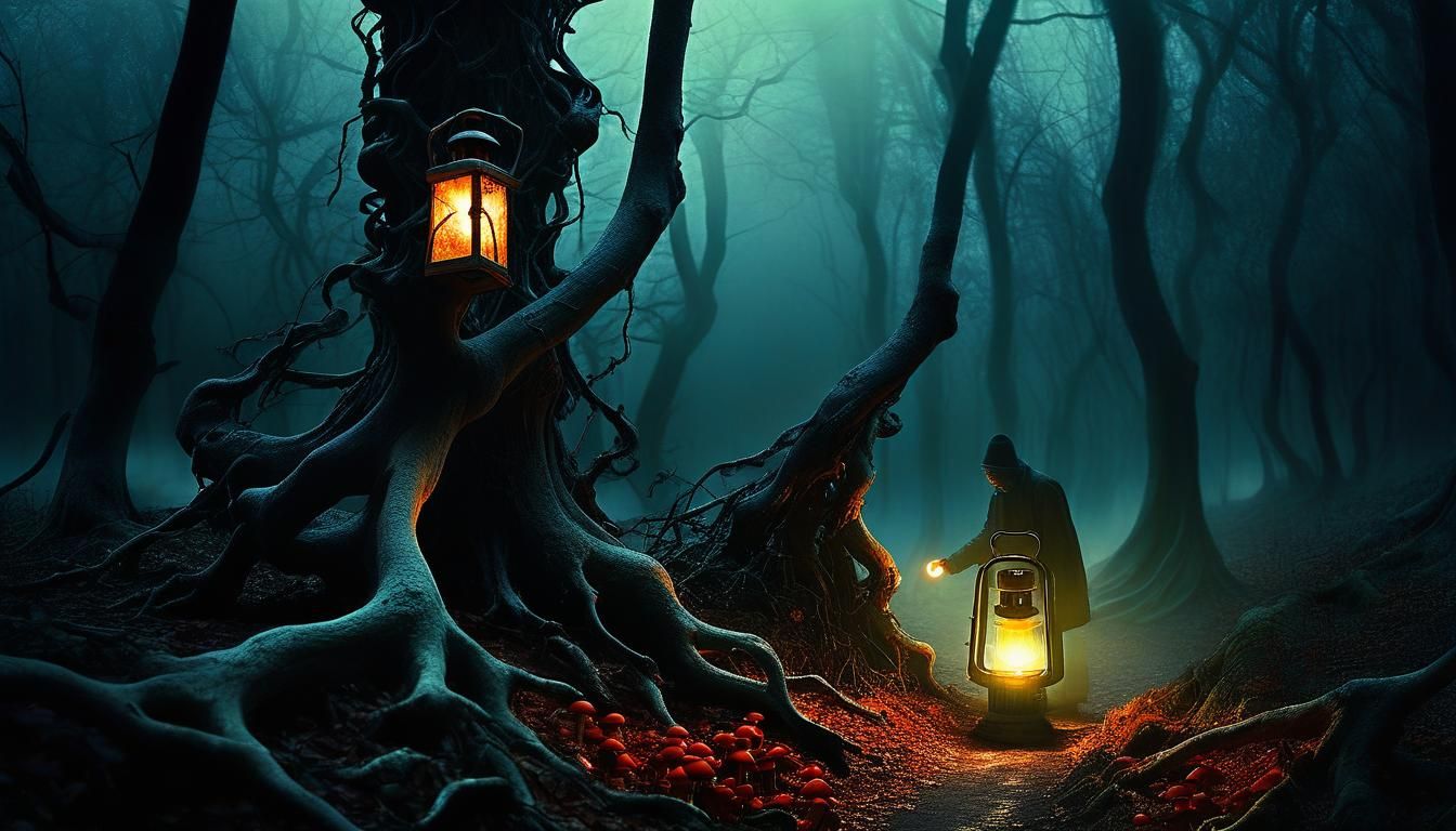Mystical Forest Figure with Lantern: Surreal Dreamscape