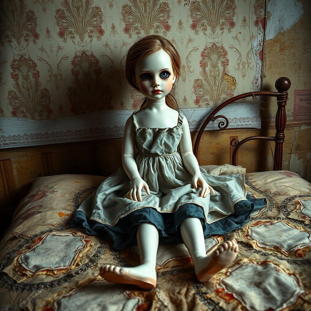 Surreal Porcelain Doll in Abandoned Bedroom Scene, Oil Paint...