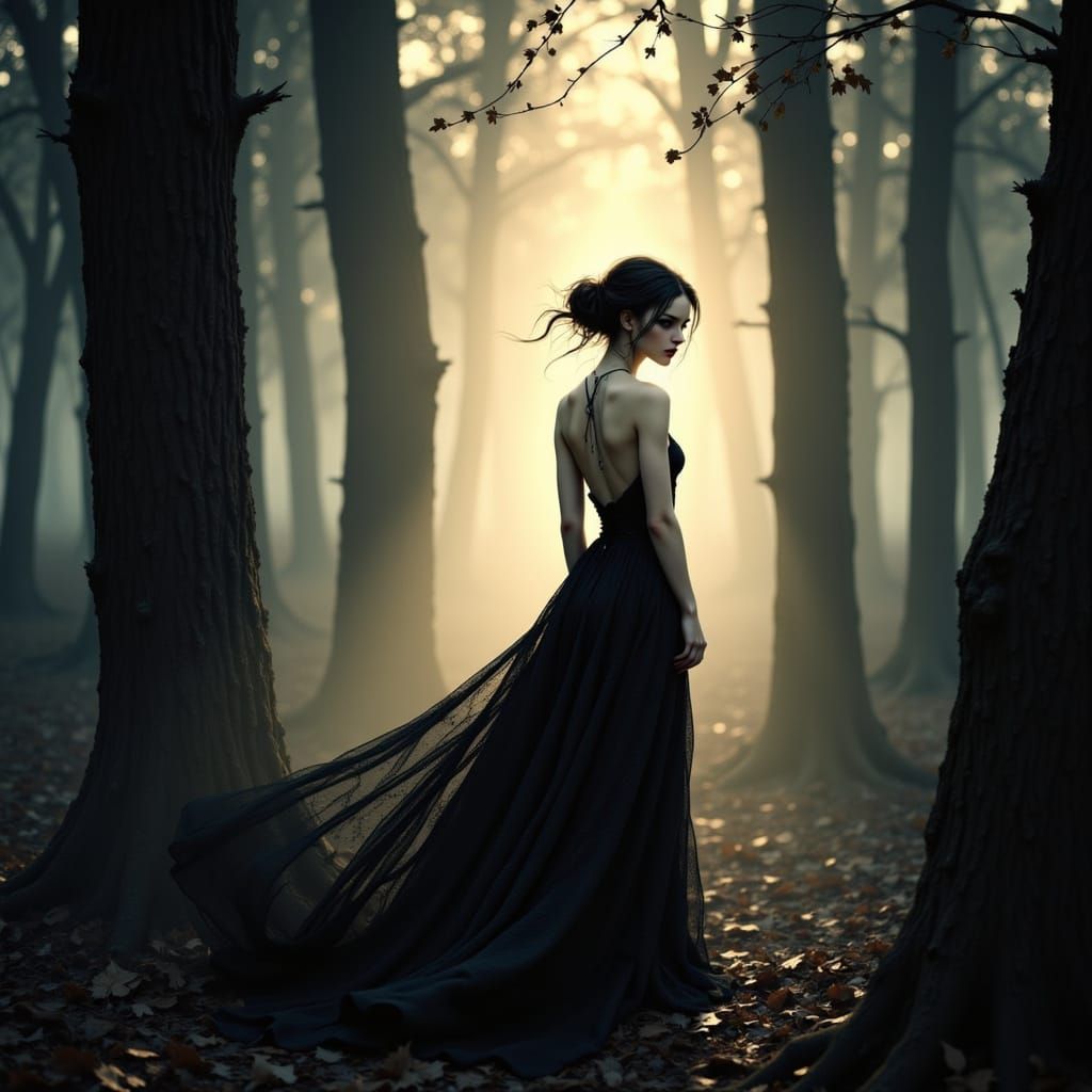 Elegant Woman in Mysterious Forest Landscape