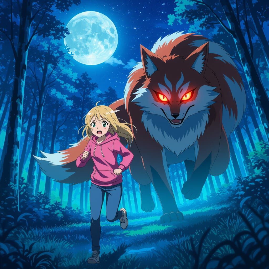 Anime Girl Flees Terrified in Moonlit Forest from Giant Kits...