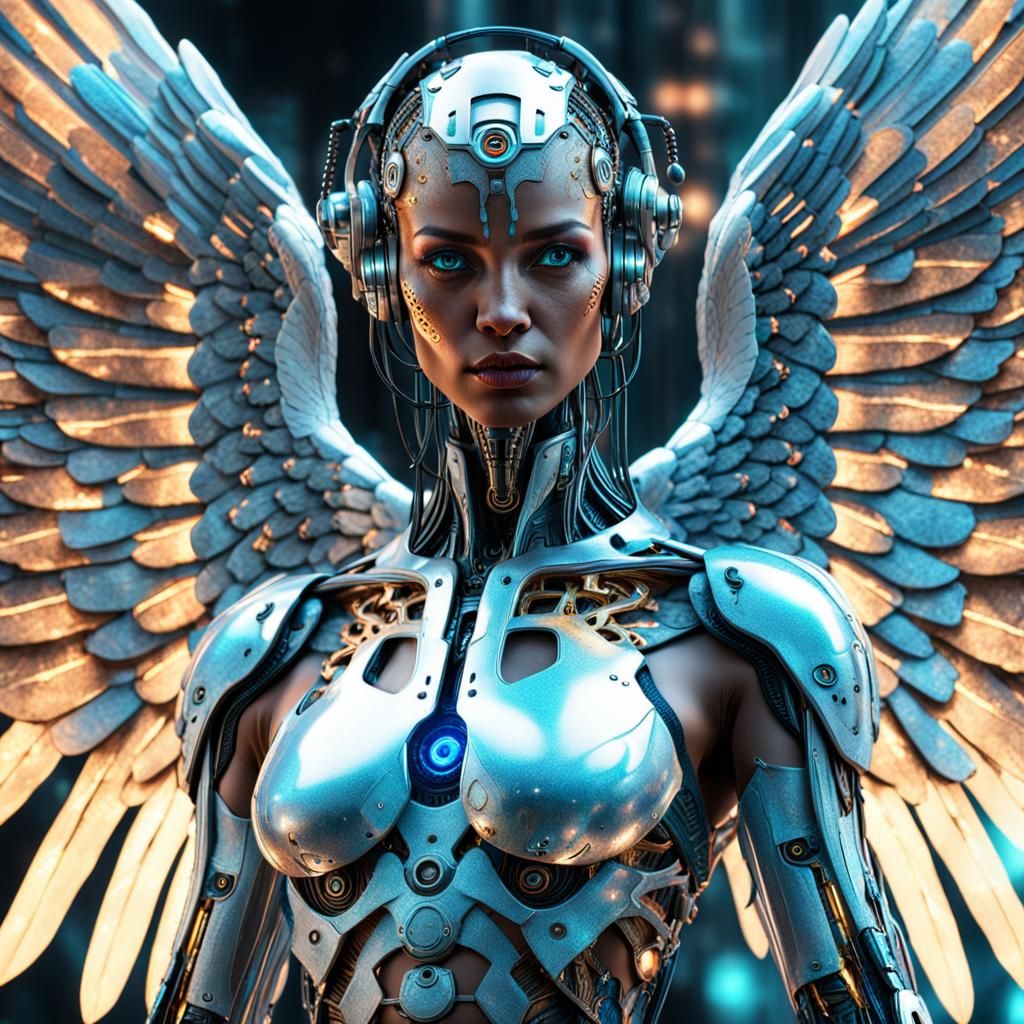 Cyborg Angel: Techno-Divine Convergence in Cyberpunk Style