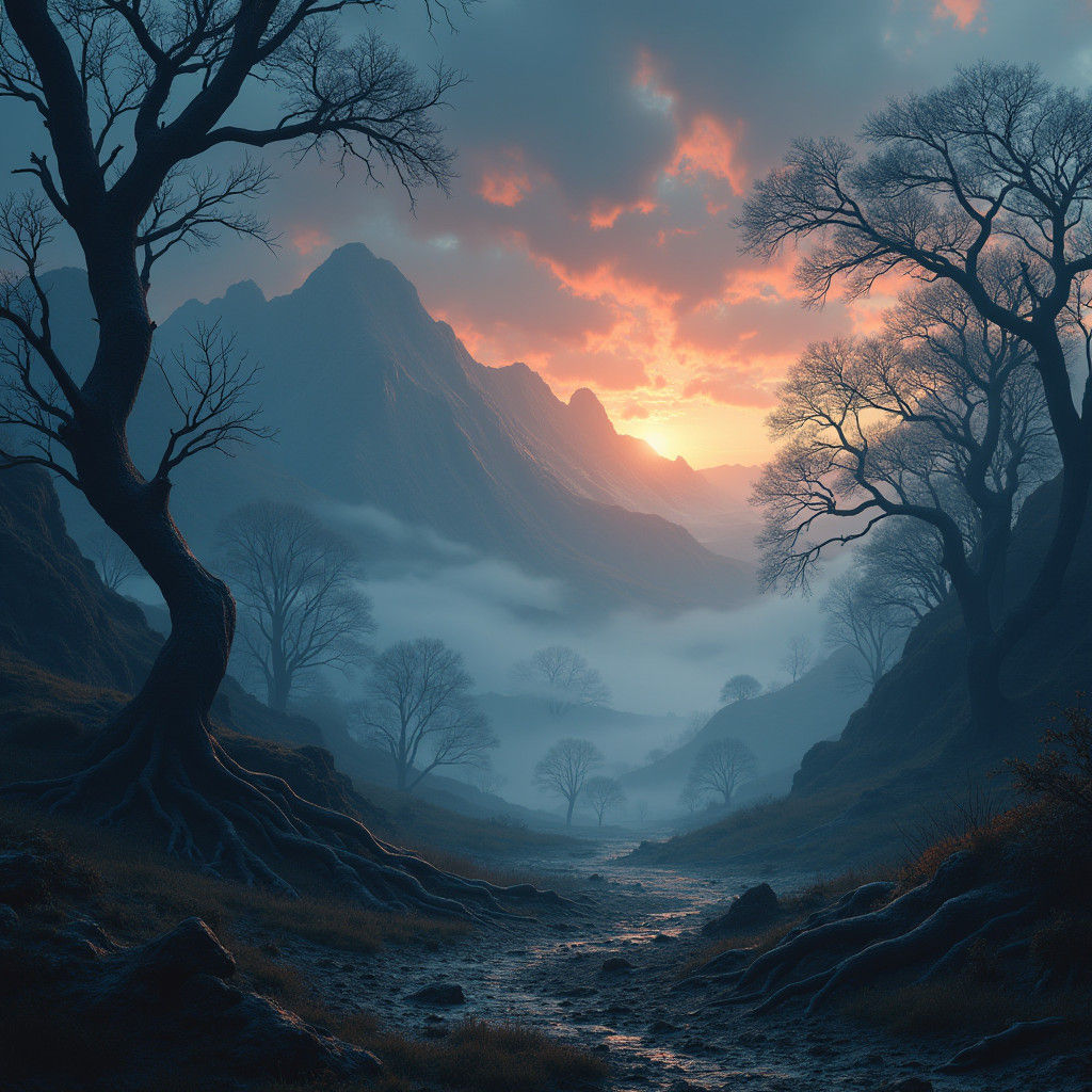 Ethereal Wind Sweeping Darkness in Fantasy Landscape
