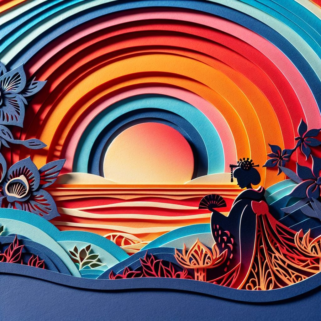 Geisha Silhouette at Sunset in Layered Paper Art