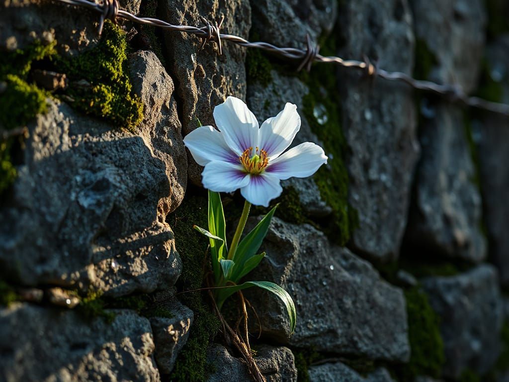 Resilient Flower Emerges From Stone Wall