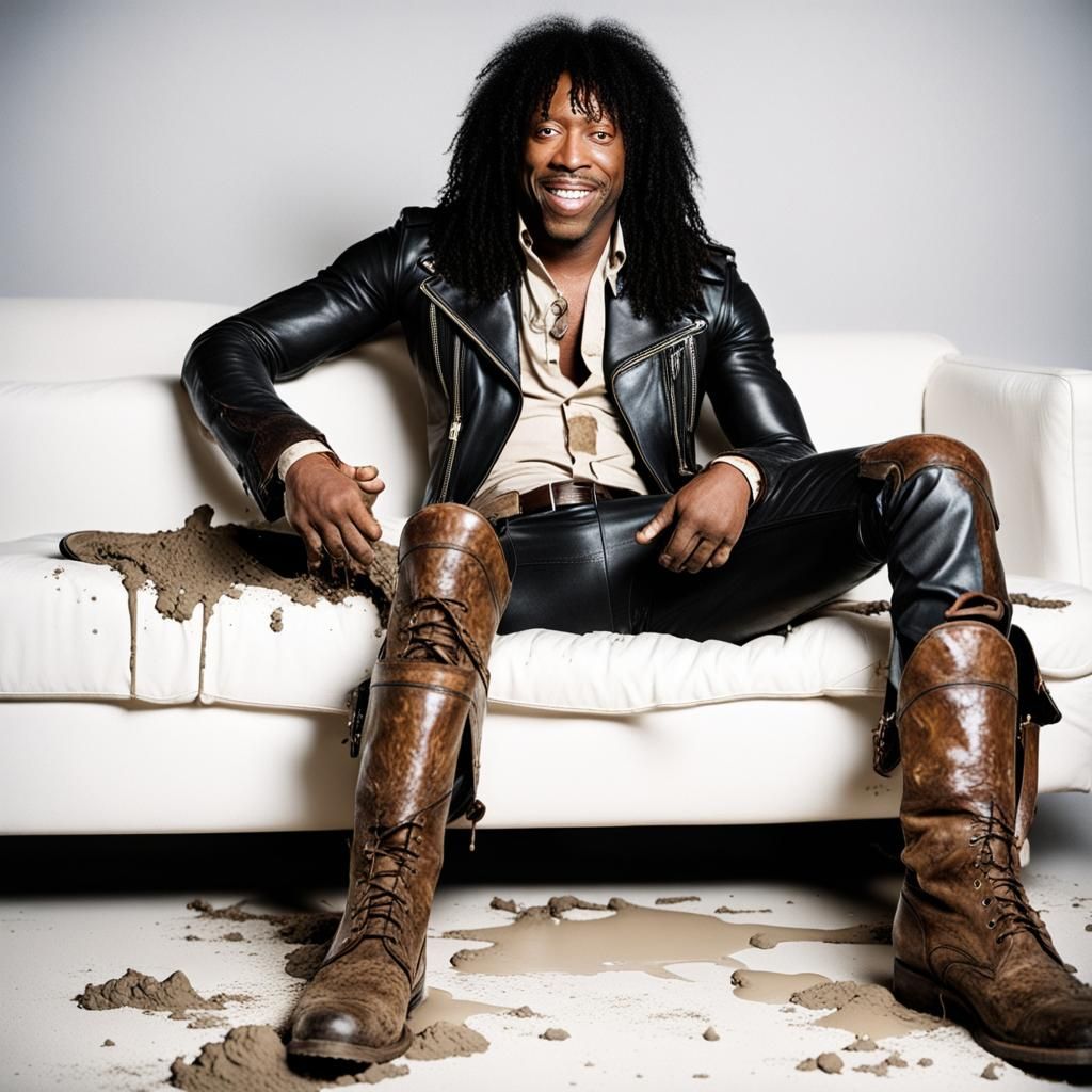Rick James kicking muddy boots on a white couch