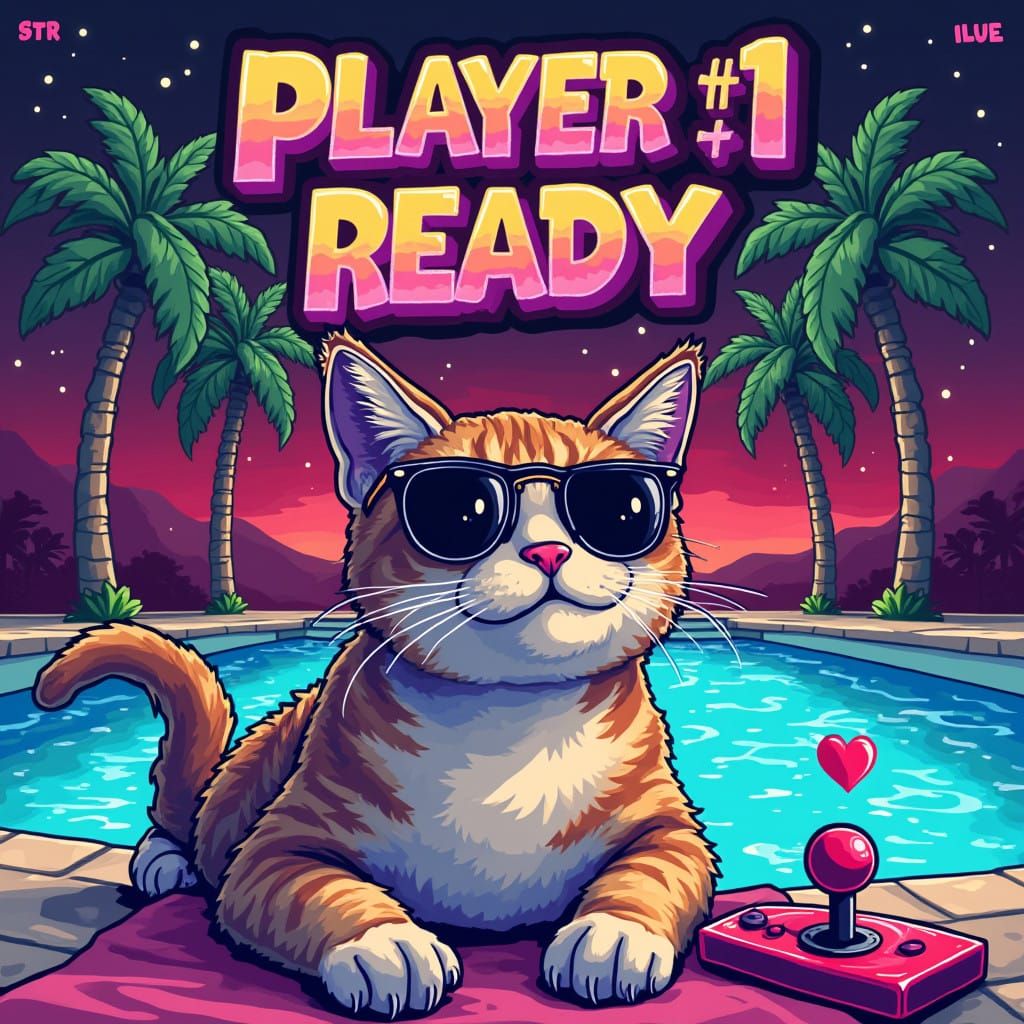Retro Gaming Cat by the Pool