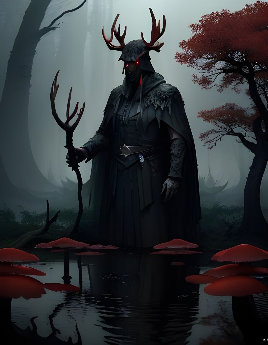 Mysterious Figure in Dark Forest with Antlers