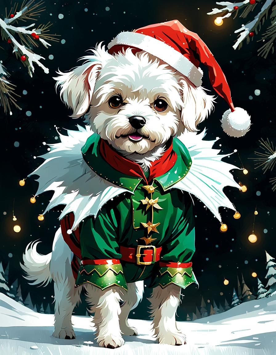 Adorable Christmas Elf Bichon Frise in Digital Painting