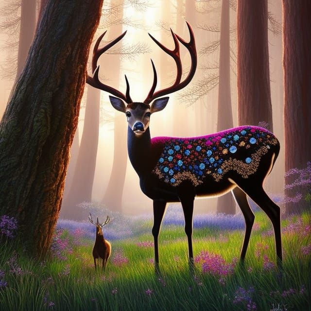 Majestic Deer in Enchanted Forest: Cartoon Style