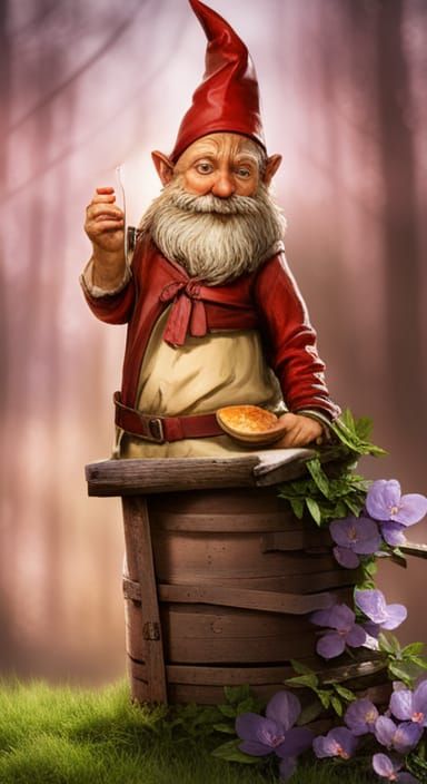 Funny Drunk Gnome in Fantasy Forest