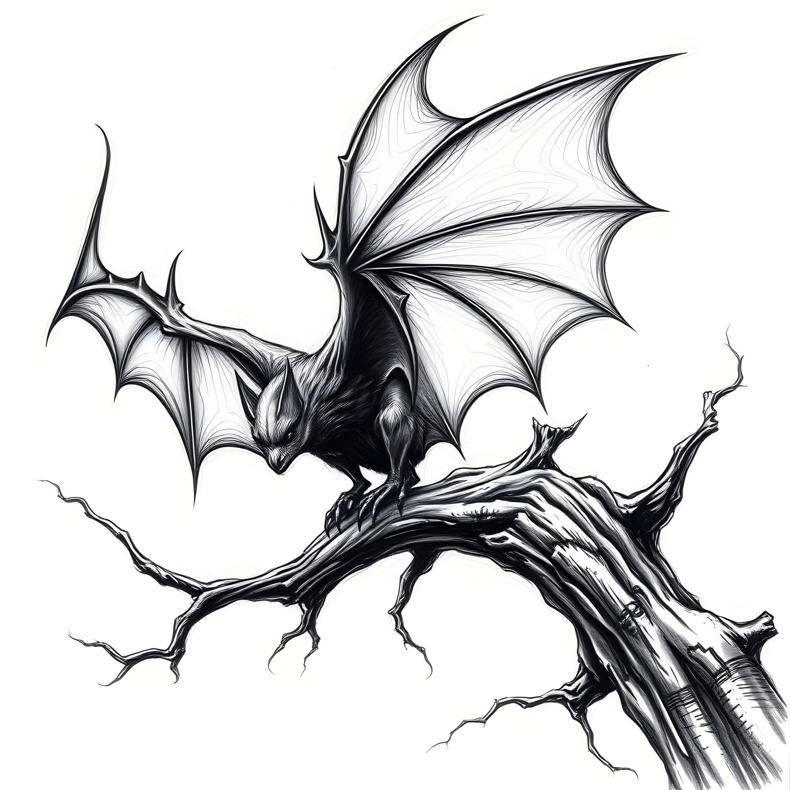 Ethereal Bat Emerges from a Doodle in Deep Black