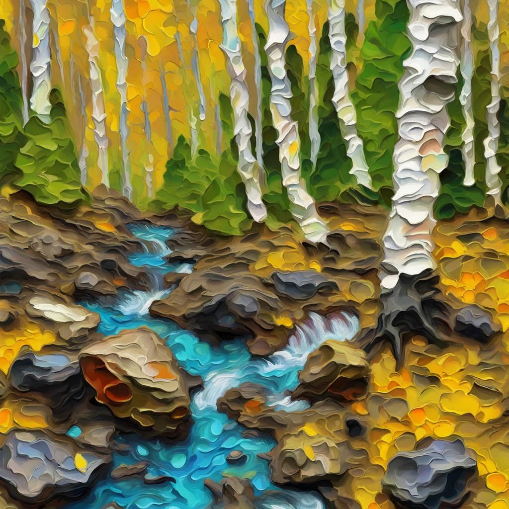 Aspen Forest Stream in Impasto Digital Art