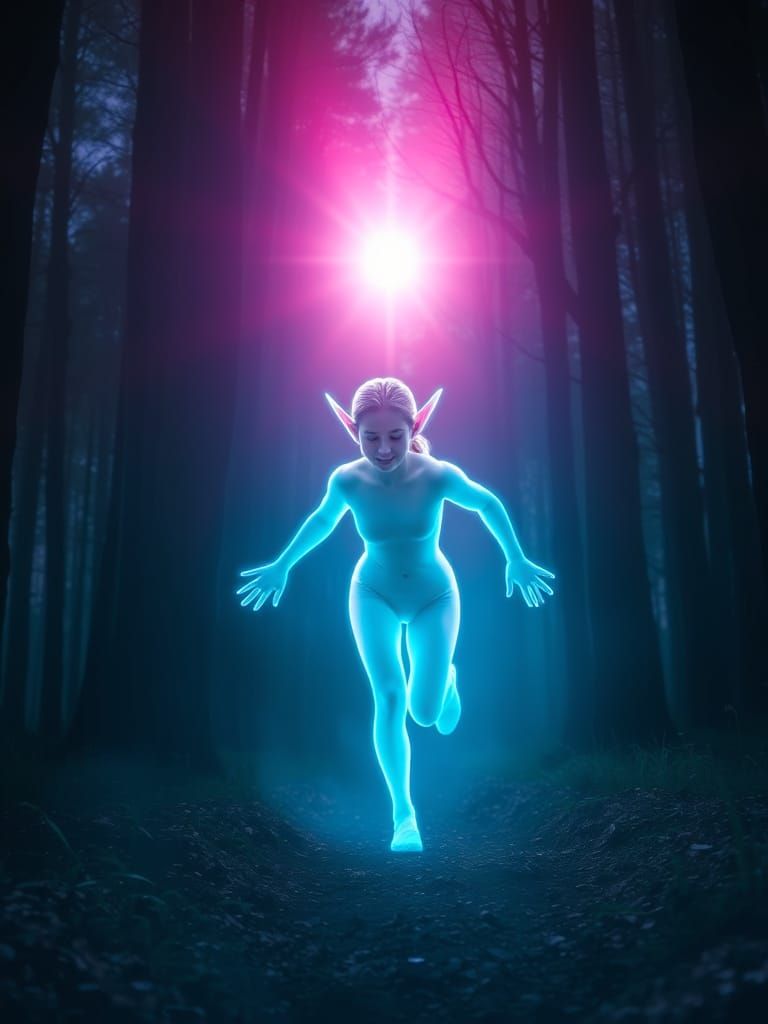 Neon Elf Ghost Running Through Woods: Pop Art