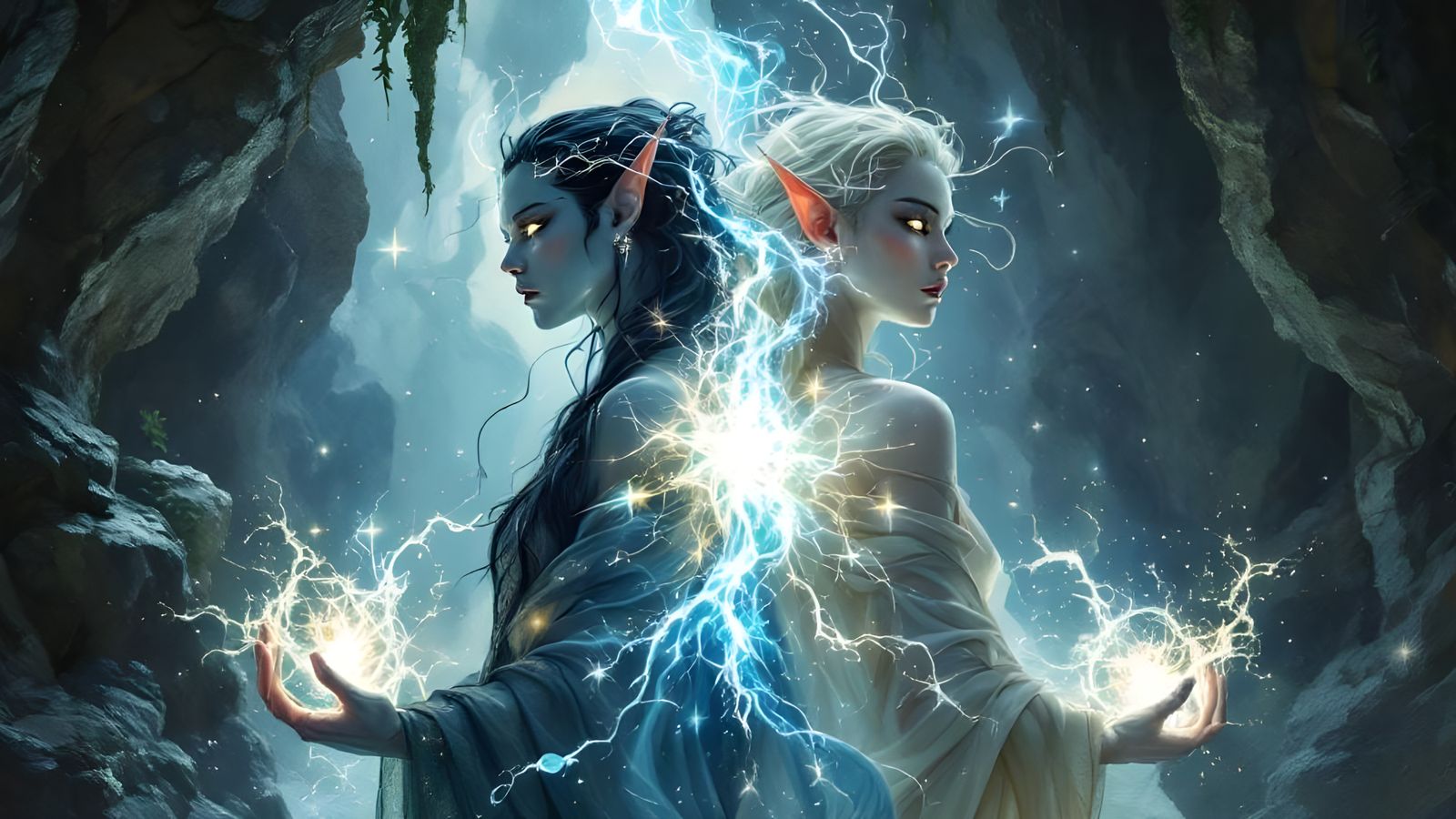 Elven Mages Unleashing Arcane Energy in Art Nouveau Style