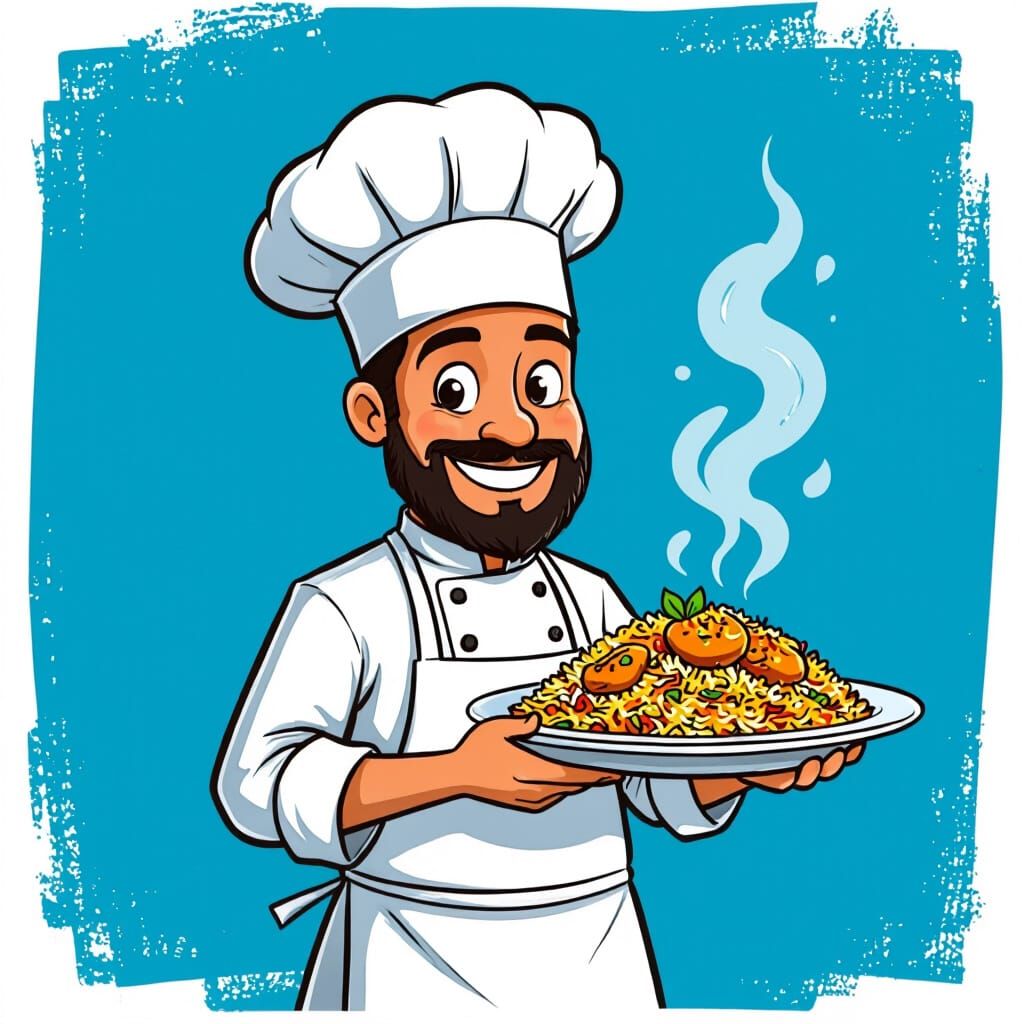 Cartoon Chef Serves Kolkata Biriyani, Hand-Drawn Style