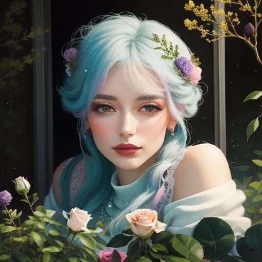 Woman in Ethereal Impasto Landscape with Roses