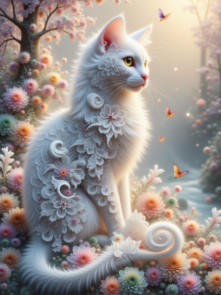 Whimsical Fractal Lace Scene with a White Cat and Butterflie...