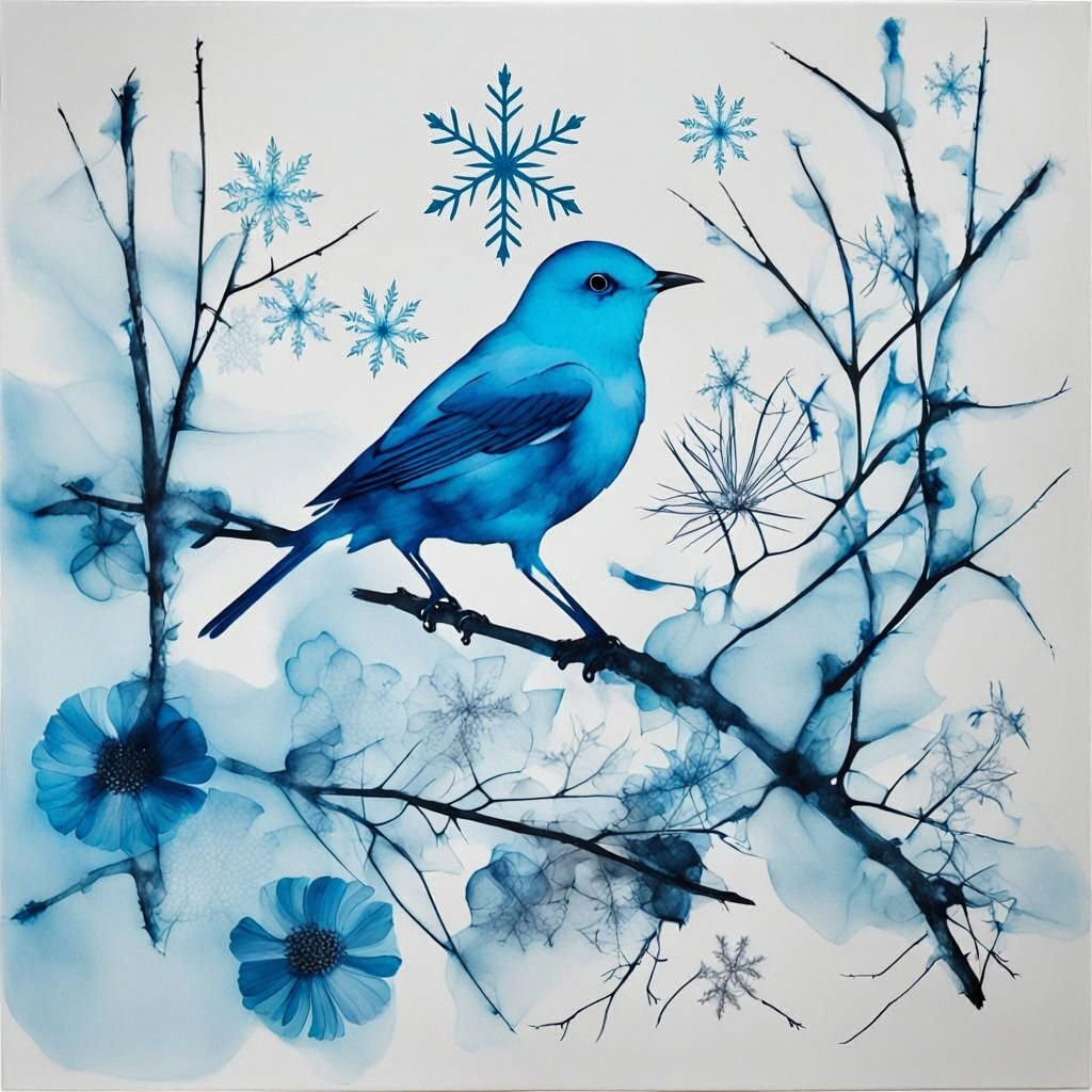 Cyan Monochrom Blue bird photogram, Mann Ray, feathers, flowers , skeleton tres, bare branches, snow flakes,alcohol inks