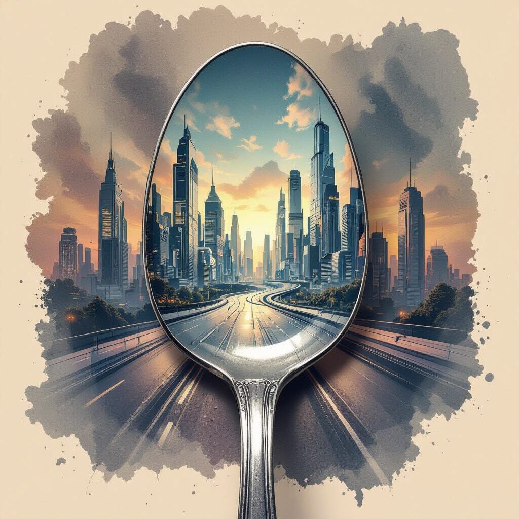 Futuristic Cityscape Reflected in Silver Spoon