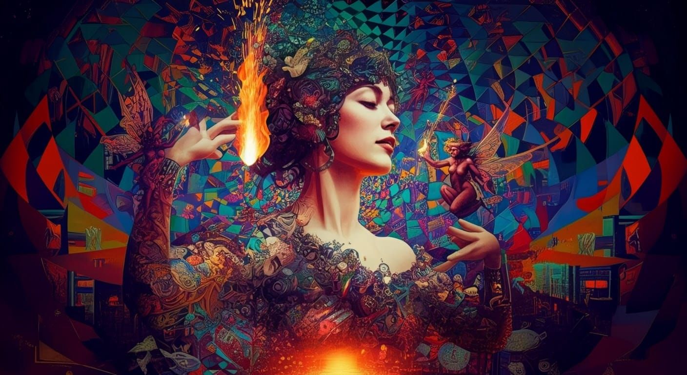 Cyberpunk Goddess in Whimsical Op Art Composition