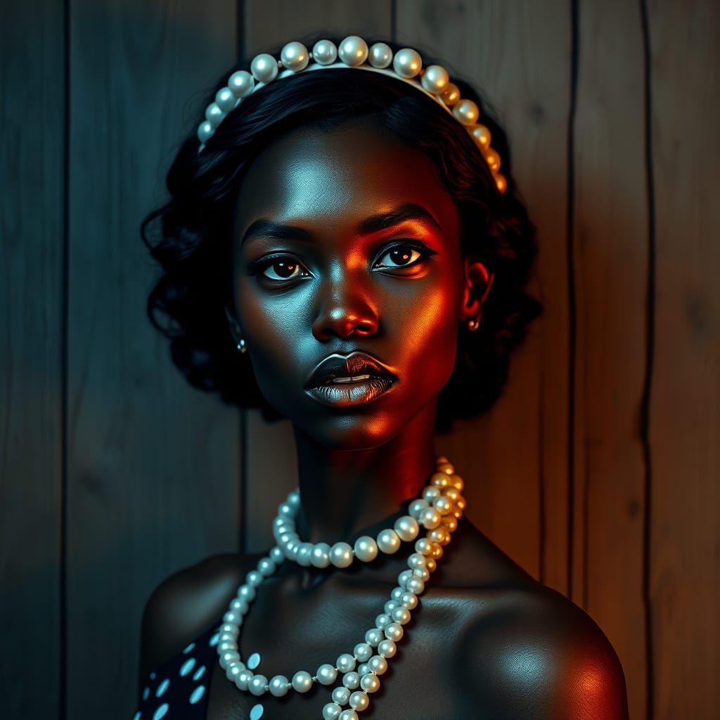 Elegant Pearl-Crowned Woman in Gothic-Inspired Portrait