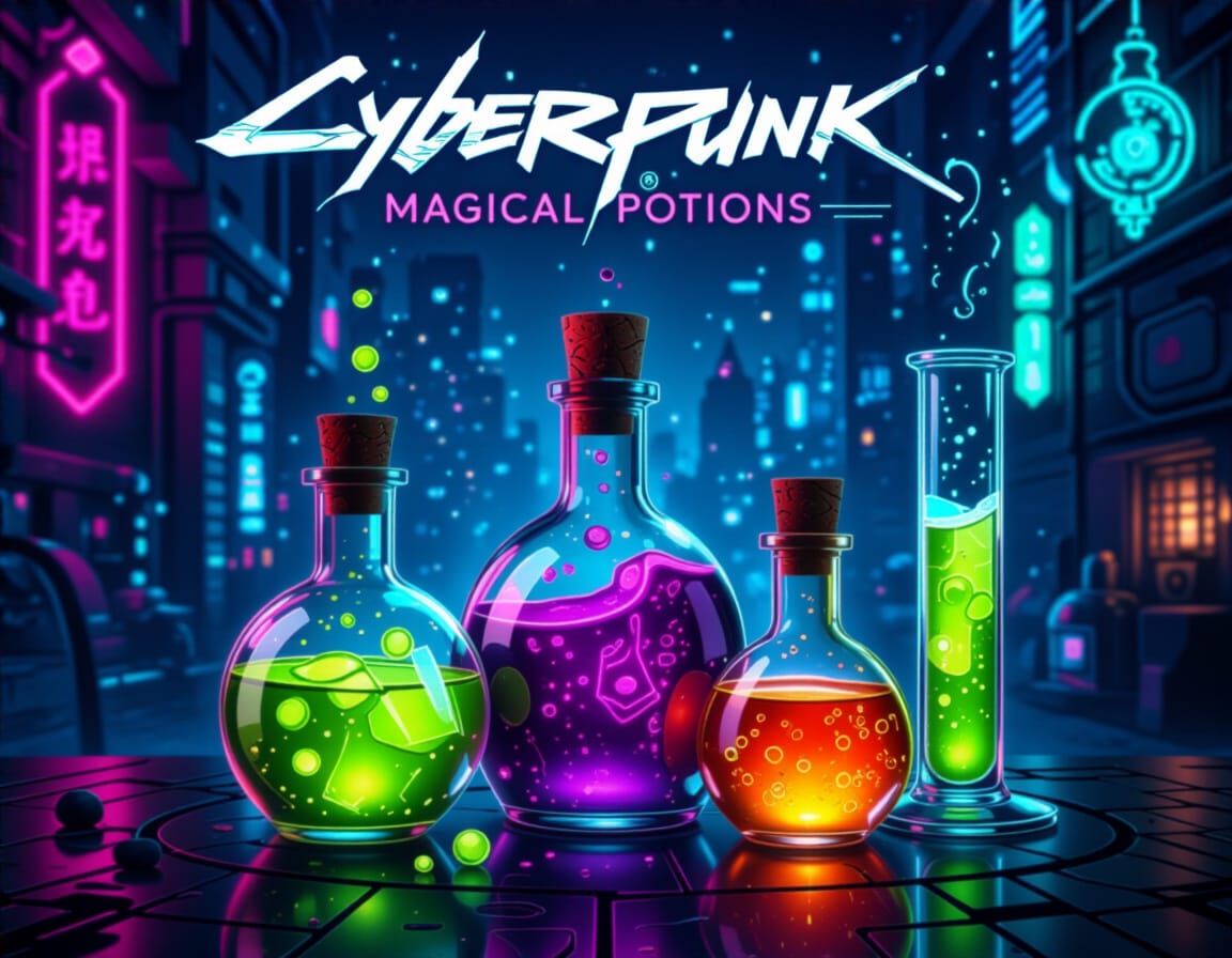 Cyberpunk Magical Potions in Neon Glow