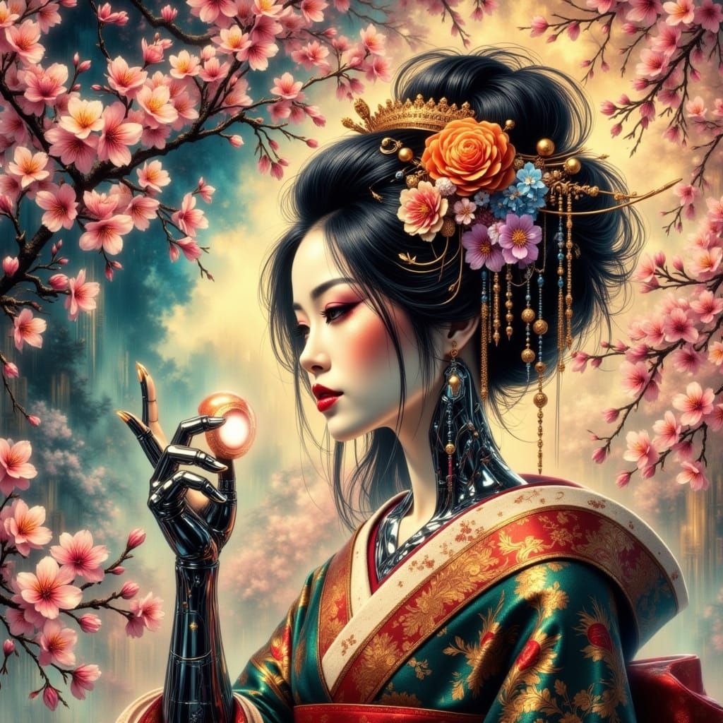 A geisha with a cybernetic arm