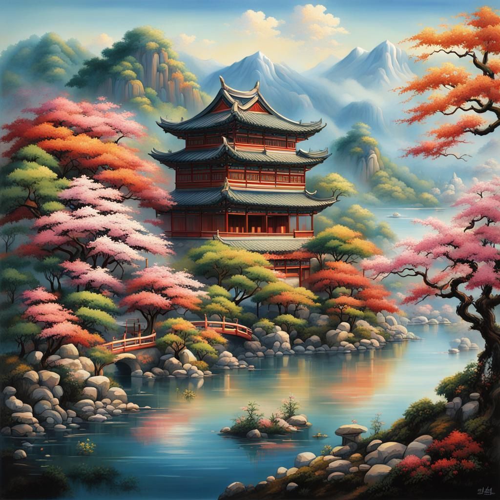 Oriental Landscape with Asian Architecture in Digital Art