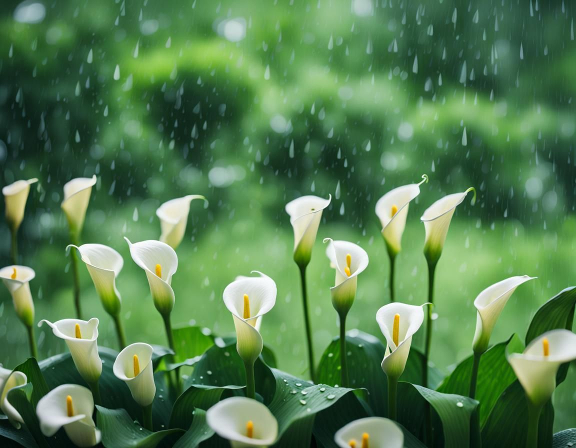 Calla Lilies in Rainy Garden: Professional Photography