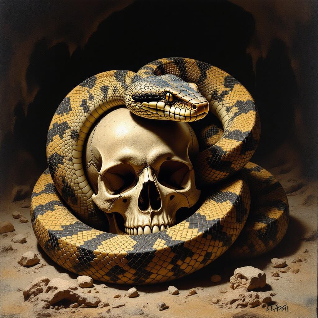 Venomous Viper Coiled Around Skull in Dark Fantasy Style