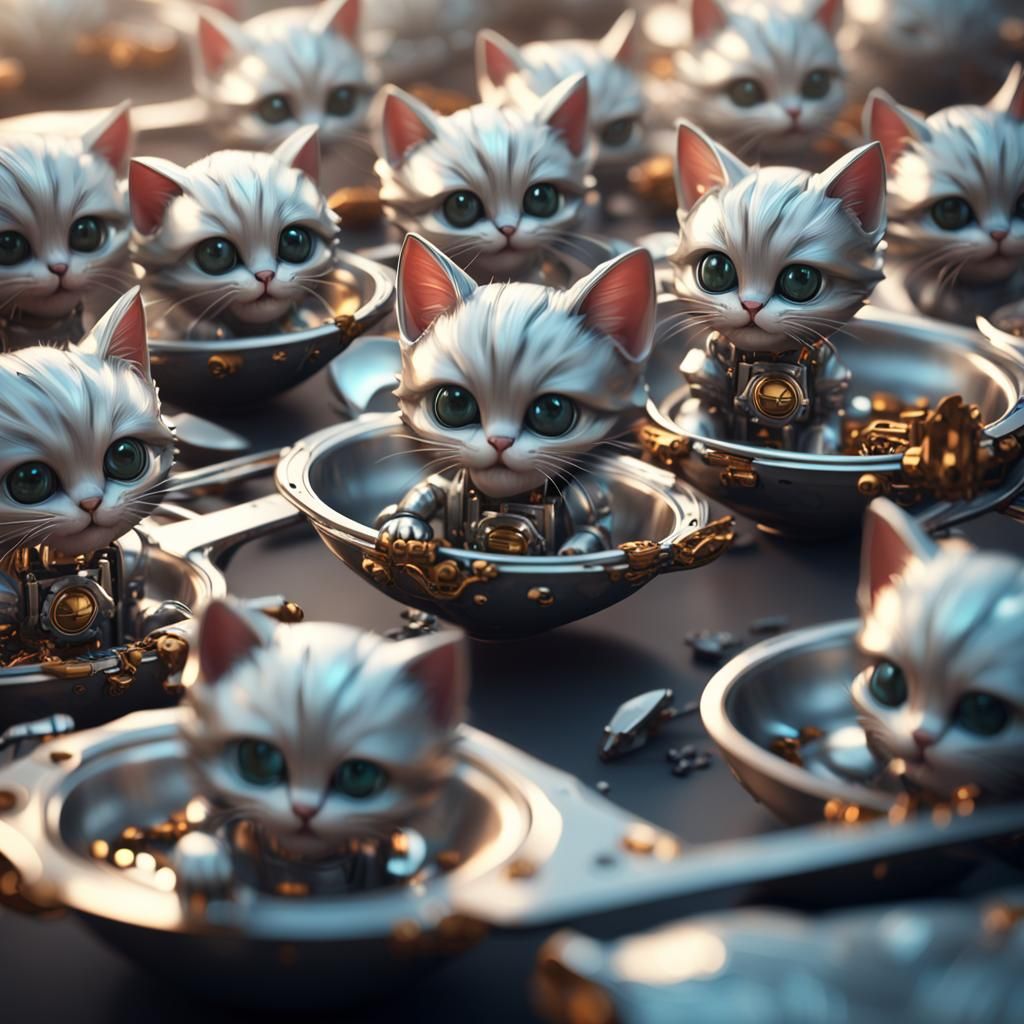 cute kittens sitting in spoons. intricate mech details, grou...