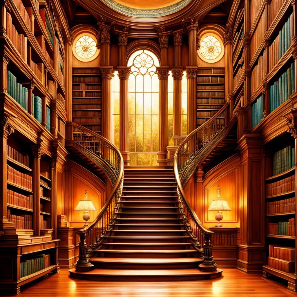 Magical Library Staircase in Waterhouse Style