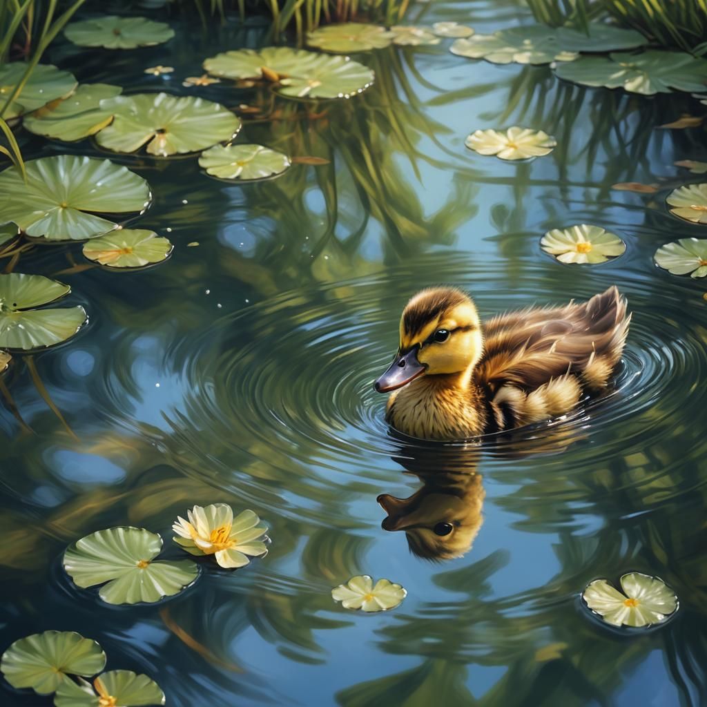 Duckling in Pond: Hyper-Realistic Digital Oil Painting