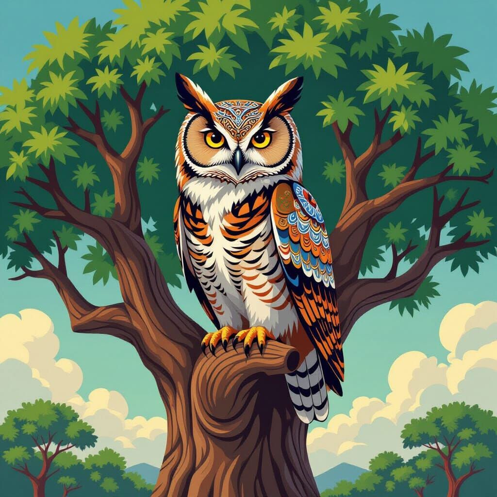 African Art Inspired Owl Perched on Tree