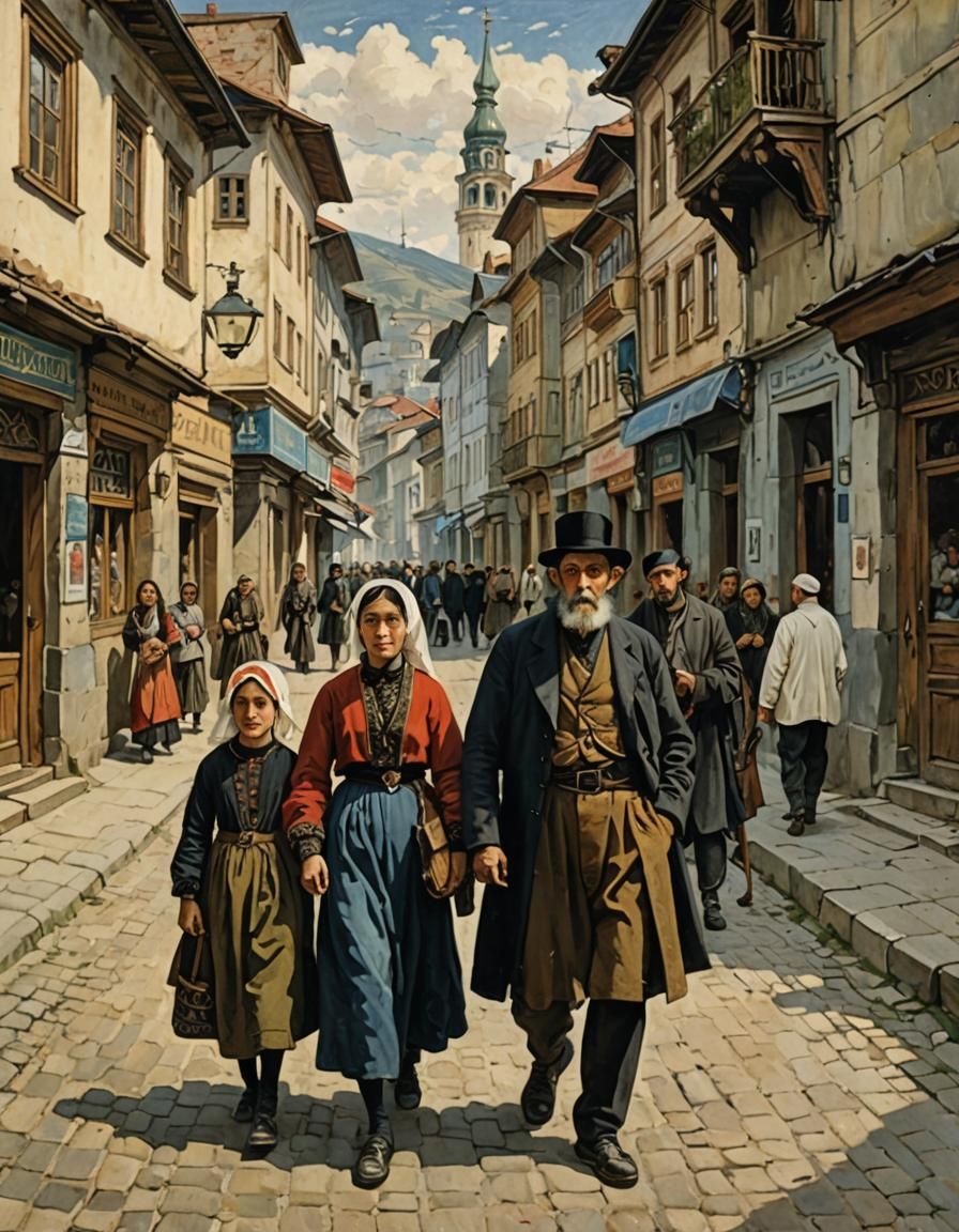 Georgian Family in Tbilisi Street, Historical Painting Style