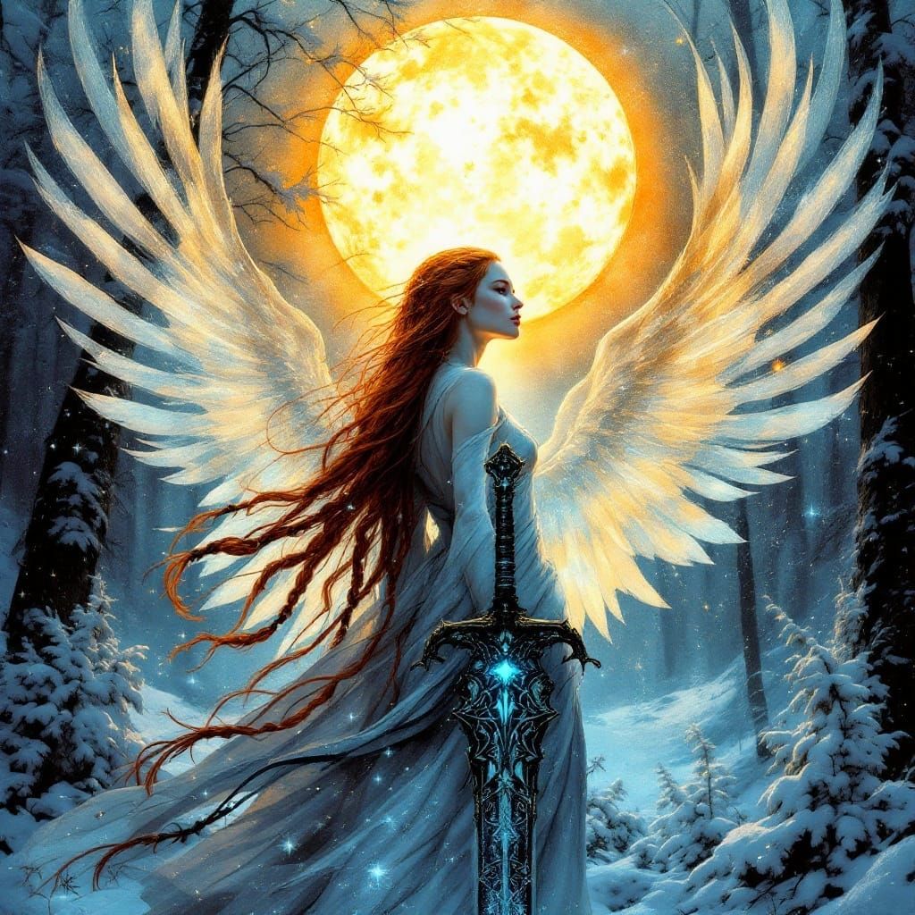 Victorious Walkyrie Goddess in Illuminated Stained Glass