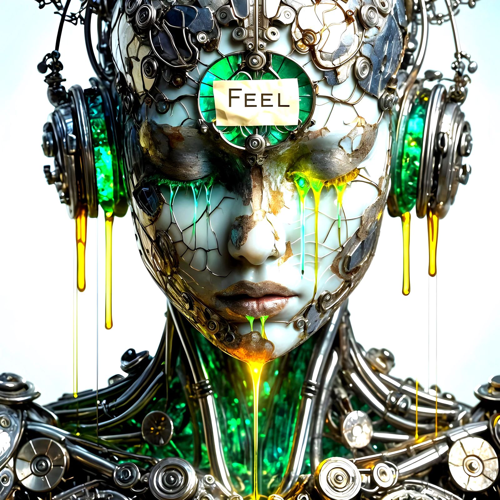 Glass Robot with Emerald Oil: A Surreal Masterpiece