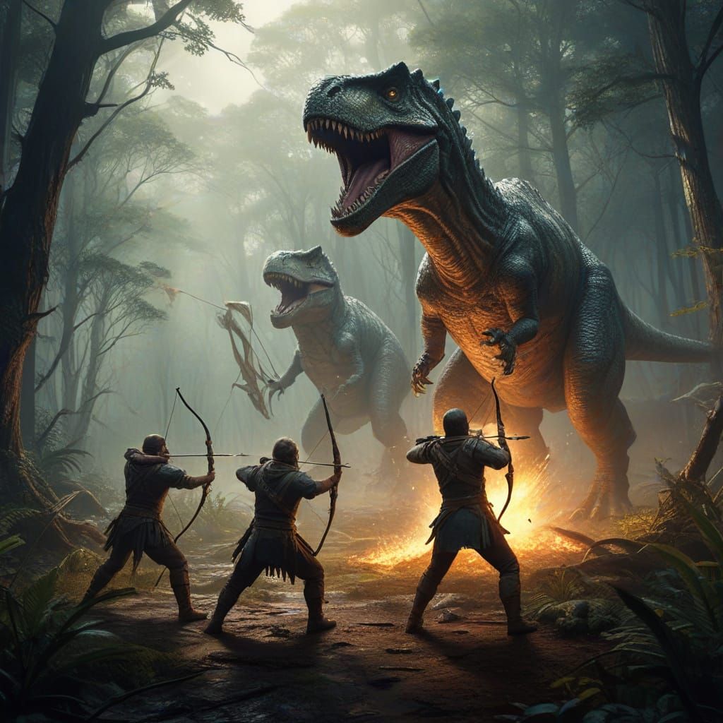 Archers Battle T-Rex in Prehistoric Forest