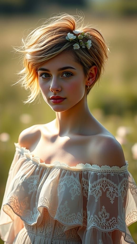 Floral Pixie Cut in Sunlit Meadow: Classic Portrait