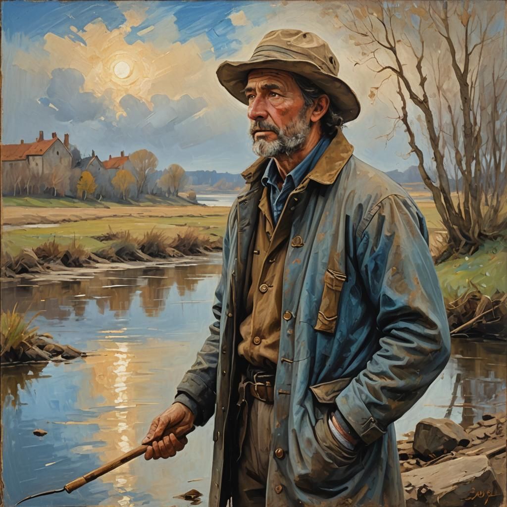 Fisherman's Awe: Baroque Oil Painting in Rembrandt Style