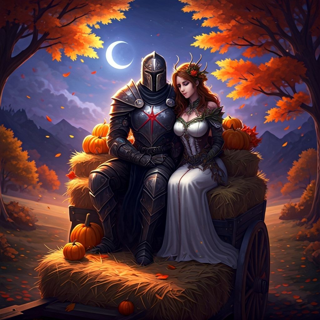 Knight and Goddess on Autumn Hayride Under Moon